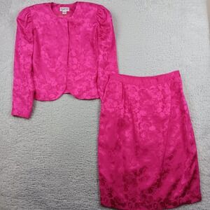 VTG Papell Too Skirt Suit Women 12 Fuchsia Pink Silk Floral Rose Jacquard Set